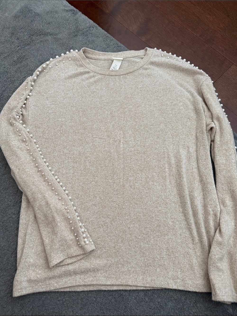 H&M Beige Crewneck Sweater with Pearl Sleeve Trim